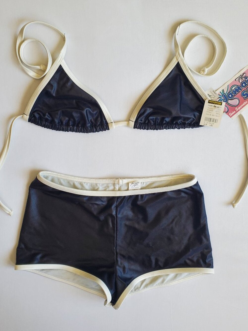 Vintage Jamaican Style Contrast Trim Bikini Set NWT Boy Shorts Black Size LARGE